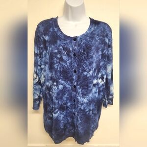 Gazelle Hause XL Button Down Sweater Tie Dye Blue Excellent Condition 3/4 Sleeve